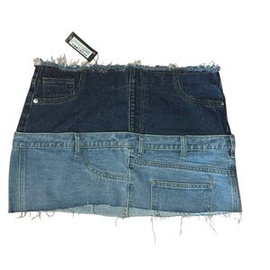 Pretty Little Thing Denim Mini Skirt Jean Waistband Contrast Panel Zip US 10 NEW